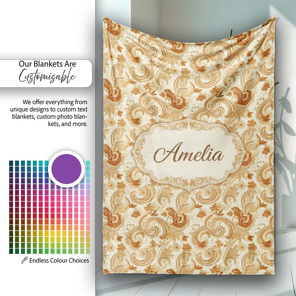 Vintage Brown Cream Paisley Floral Seamless Pattern Name Cute Personalised Custom Name Super Soft Fleece Blanket Bed Sofa Throw