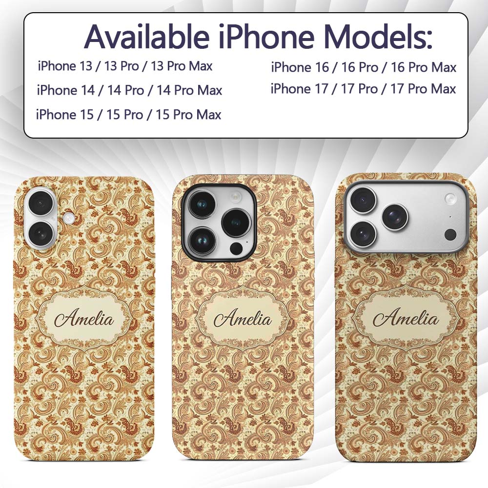 Vintage Brown Cream Paisley Floral Printed Design Custom Name Protective Phone Case Mobile Cover Durable Everyday Smartphone Shock Resistant
