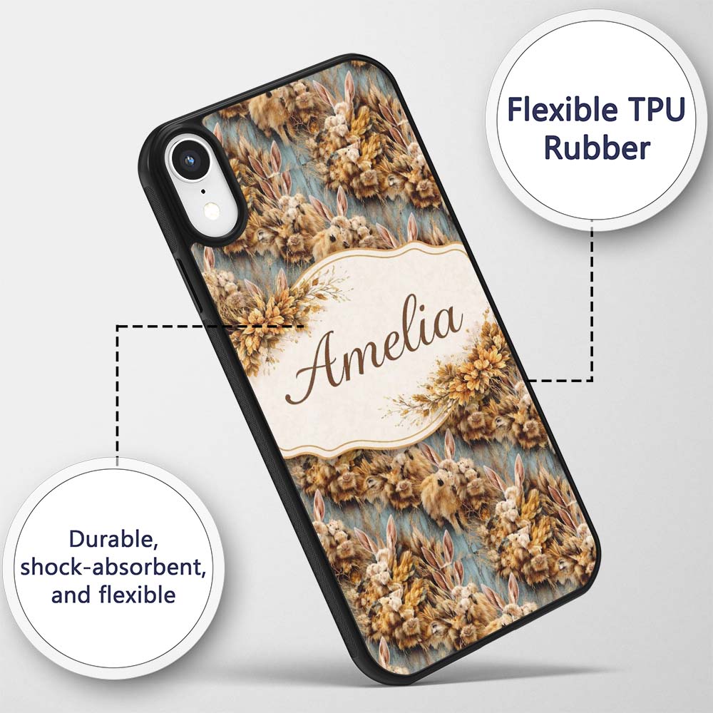 Vintage Style Brown Rabbit Garden Illustration Custom Name Protective Phone Case Mobile Cover Durable Everyday Smartphone Shock Resistant