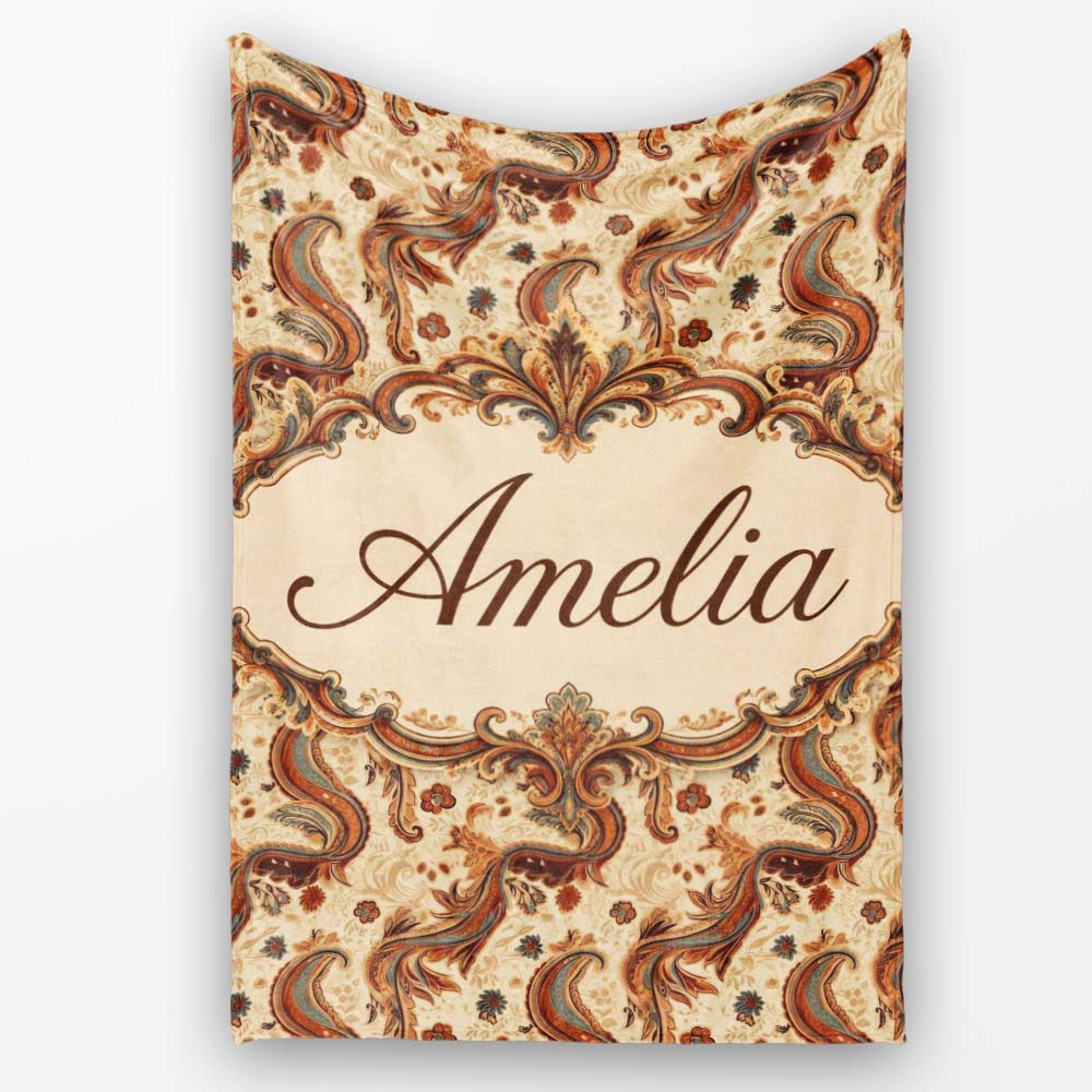 Vintage Warm Brown Paisley Floral Seamless Pattern Name Cute Unique Personalised Custom Name Super Soft Fleece Blanket Bed Sofa Throw