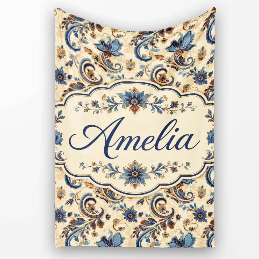 Elegant Blue Floral Paisley Vintage Seamless Pattern Name Cute Personalised Custom Name Super Soft Fleece Blanket Bed Sofa Throw