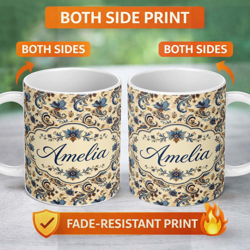 Personalized Custom Name Elegant Blue Floral Paisley Vintage Seamless Pattern Name Cute 11oz Ceramic Coffee Tea Mug White Large Handle