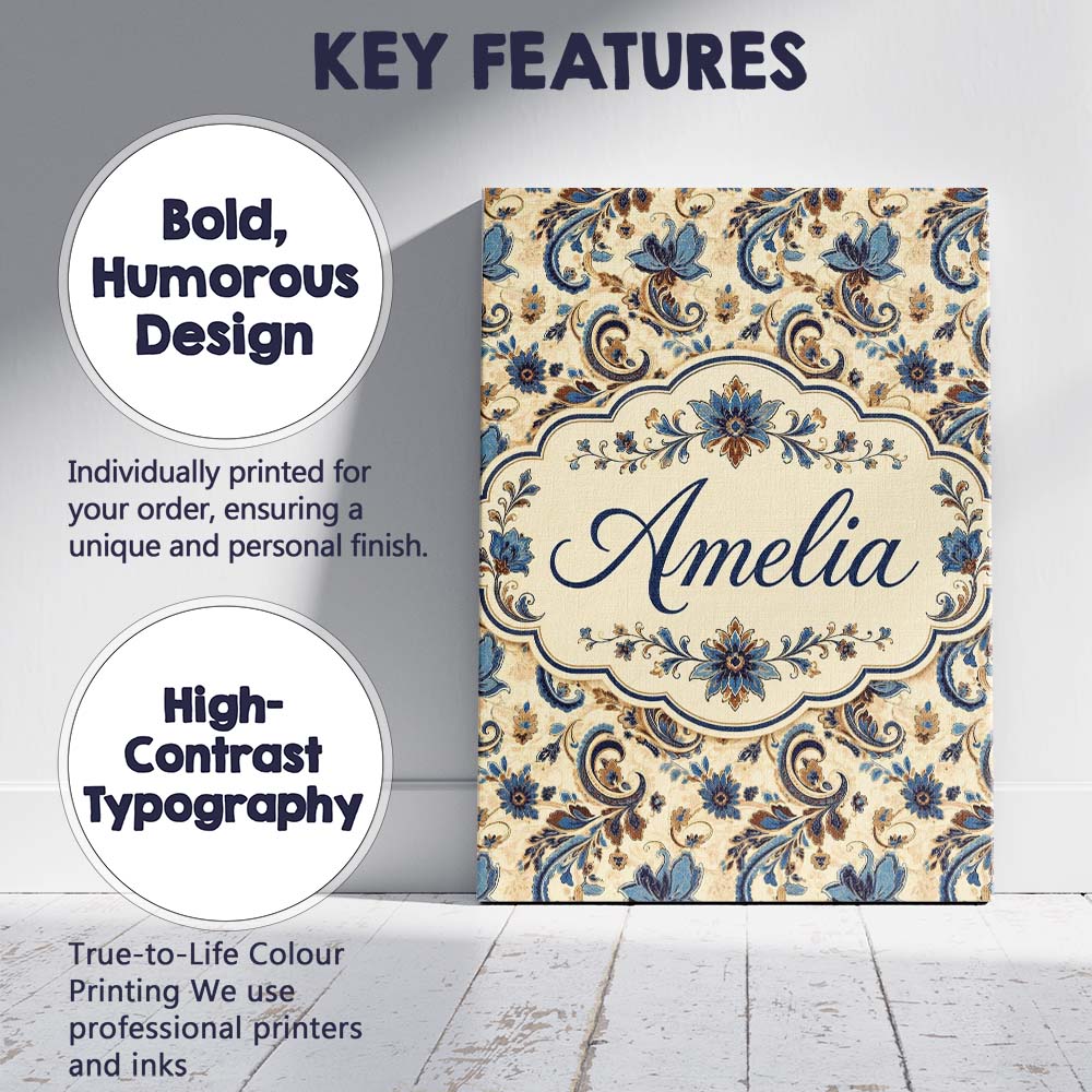 Personalised Name Elegant Blue Floral Custom Modern Room Accent Creative Decorator Style Canvas Wall Art Print Decor Picture Ready to Hang