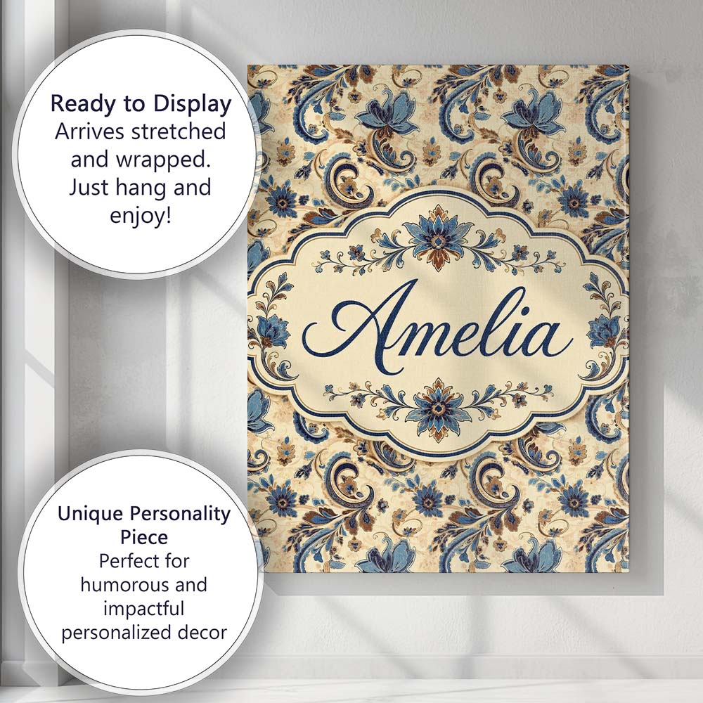 Personalised Name Elegant Blue Floral Custom Modern Room Accent Creative Decorator Style Canvas Wall Art Print Decor Picture Ready to Hang