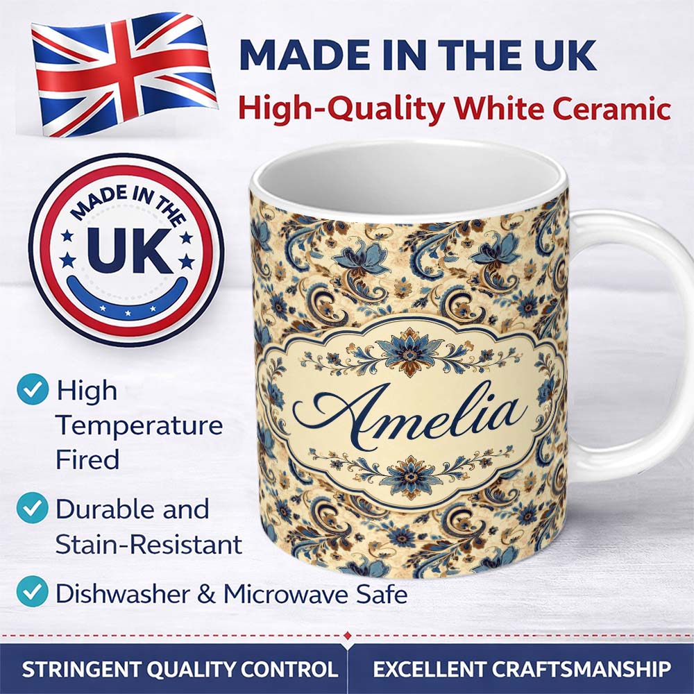 Personalized Custom Name Elegant Blue Floral Paisley Vintage Seamless Pattern Name Cute 11oz Ceramic Coffee Tea Mug White Large Handle