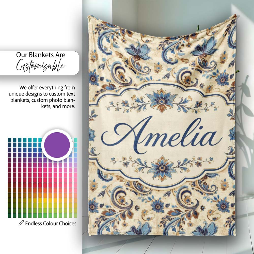 Elegant Blue Floral Paisley Vintage Seamless Pattern Name Cute Personalised Custom Name Super Soft Fleece Blanket Bed Sofa Throw