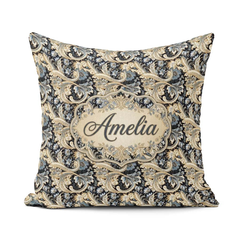 Custom Name Luxury Navy Gold Paisley Seamless Pattern Name Cute Square Filled Cushion Throw Pillow Sofa Bed Home Decor Zip Washable UK Made