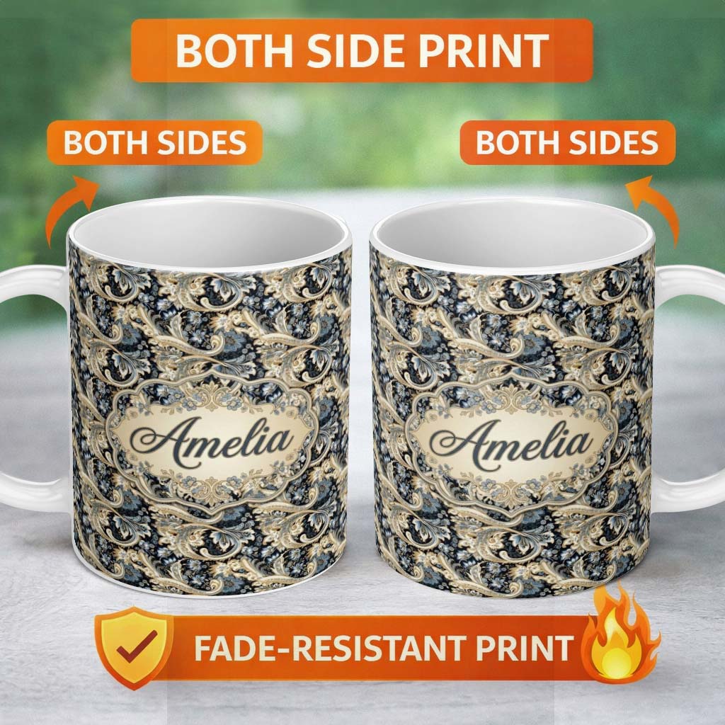 Personalized Custom Name Luxury Navy Gold Floral Paisley Seamless Pattern Name Cute Unique 11oz Ceramic Coffee Tea Mug White Large Handle