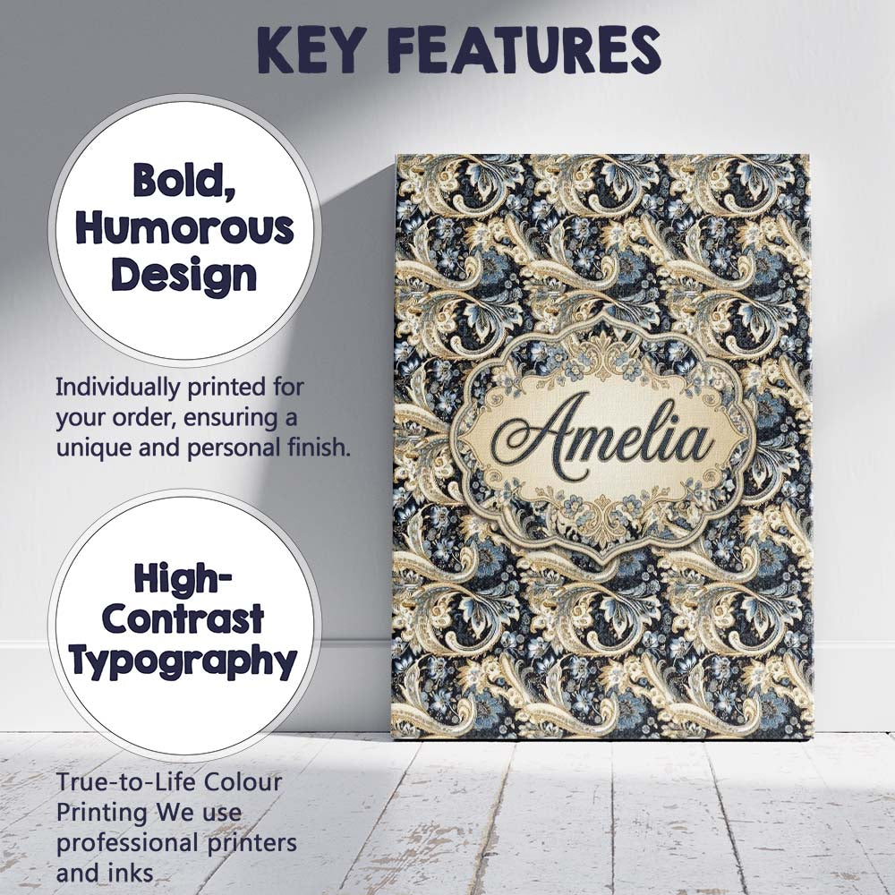 Personalised Name Luxury Navy Gold Floral Custom Unique Gift Idea Elegant Feature Canvas Wall Art Print Decor Picture Ready to Hang