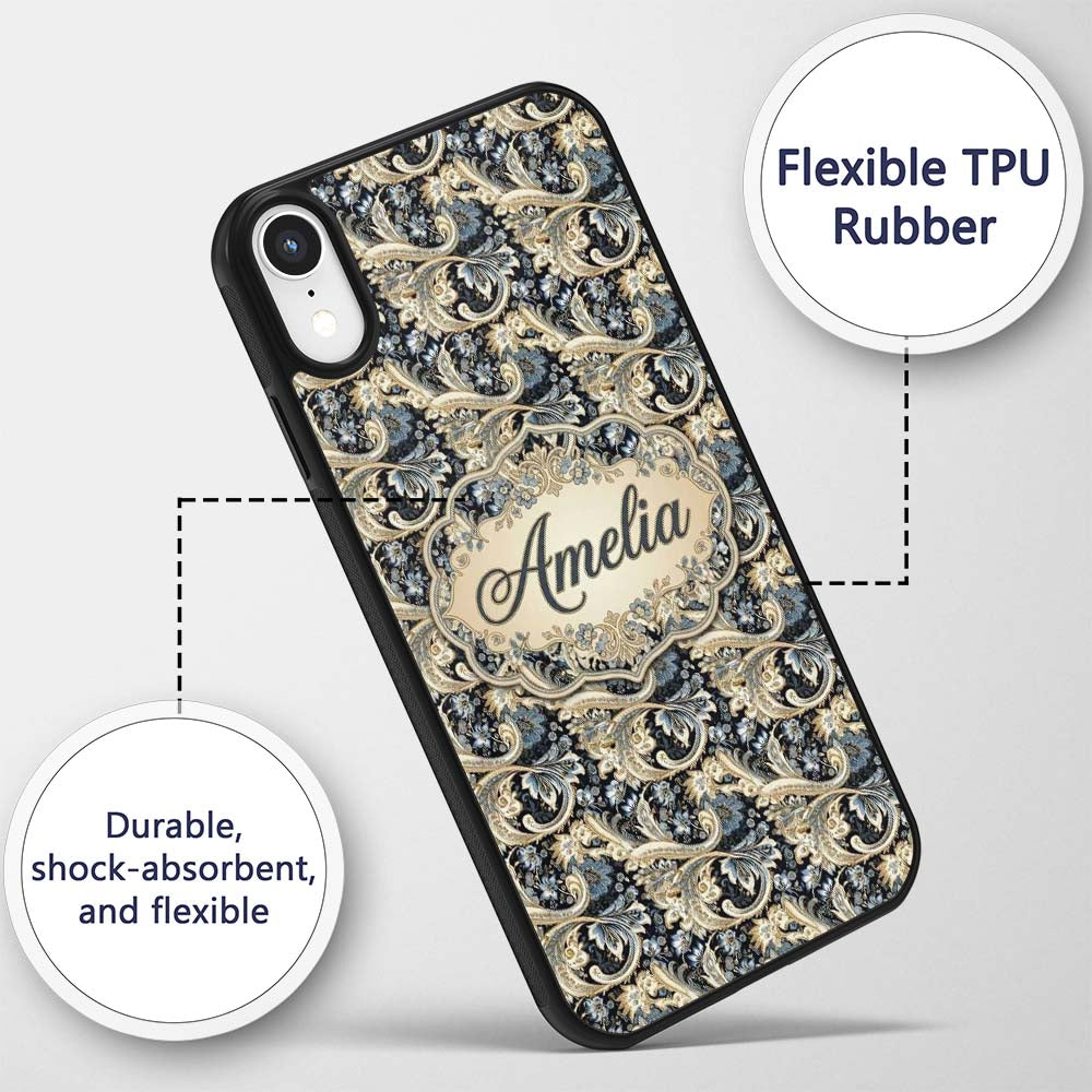 Luxury Navy Gold Floral Paisley Seamless Pattern Custom Name Protective Phone Case Mobile Cover Durable Everyday Smartphone Shock Resistant