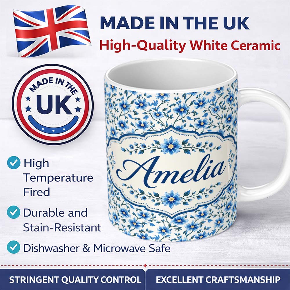 Personalized Custom Name Classic Blue Floral Vine Pattern on Light Background Vintage Style 11oz Ceramic Coffee Tea Mug White Large Handle