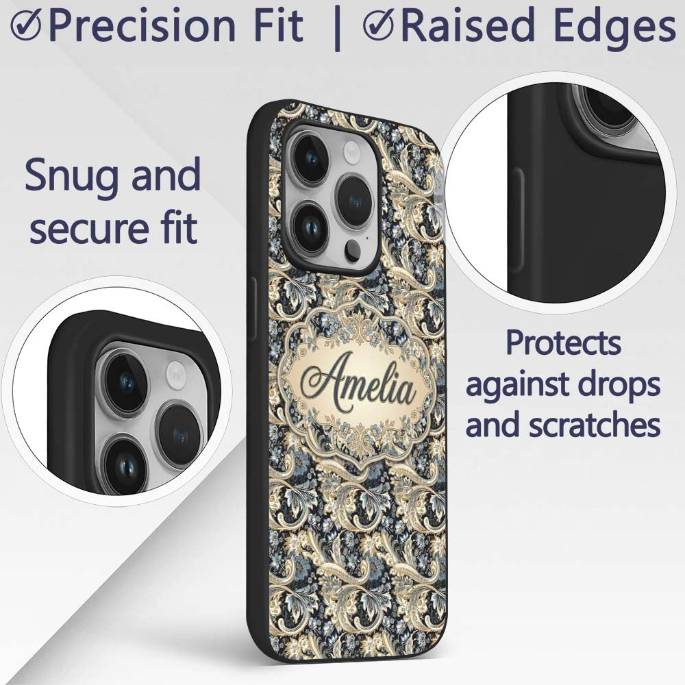 Luxury Navy Gold Floral Paisley Seamless Pattern Custom Name Protective Phone Case Mobile Cover Durable Everyday Smartphone Shock Resistant