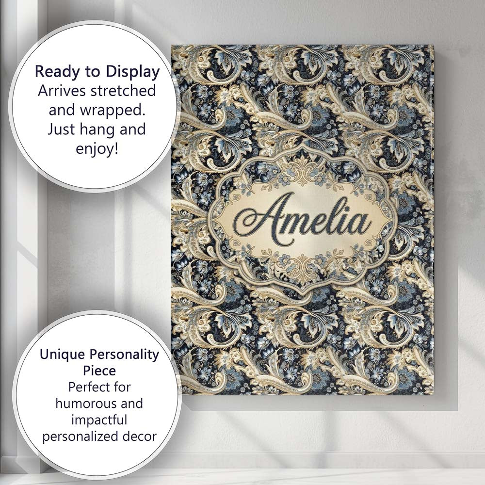 Personalised Name Luxury Navy Gold Floral Custom Unique Gift Idea Elegant Feature Canvas Wall Art Print Decor Picture Ready to Hang