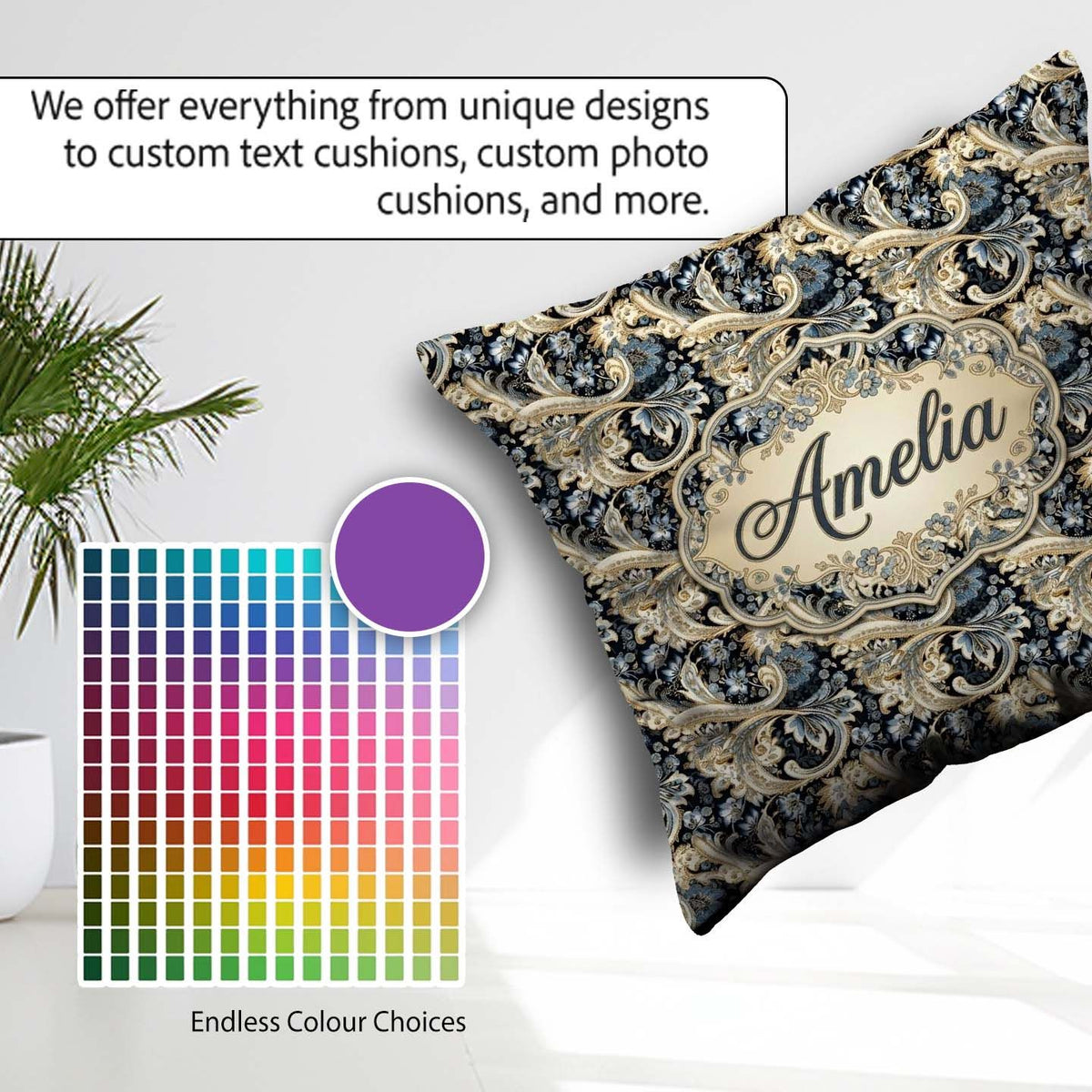 Custom Name Luxury Navy Gold Paisley Seamless Pattern Name Cute Square Filled Cushion Throw Pillow Sofa Bed Home Decor Zip Washable UK Made