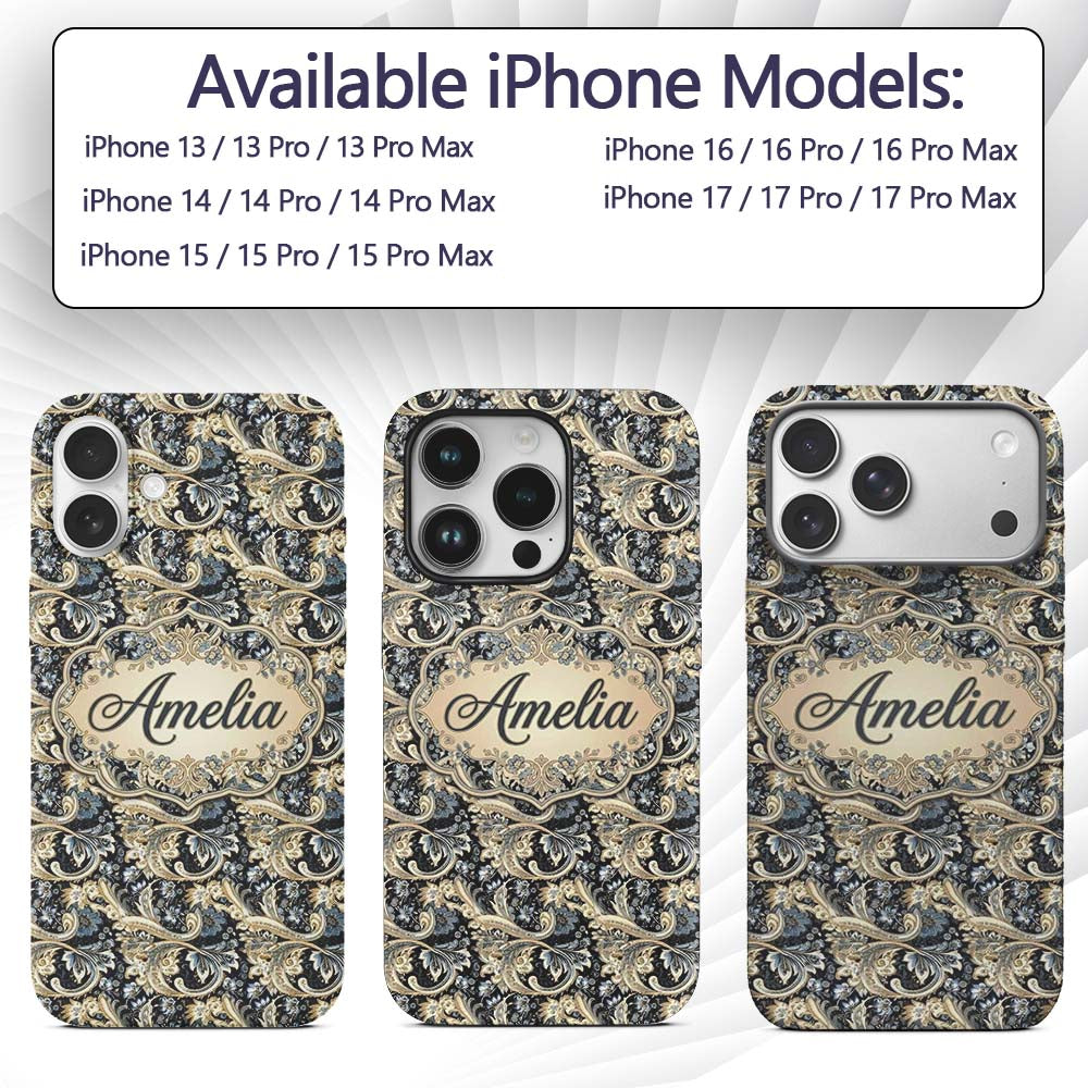 Luxury Navy Gold Floral Paisley Seamless Pattern Custom Name Protective Phone Case Mobile Cover Durable Everyday Smartphone Shock Resistant