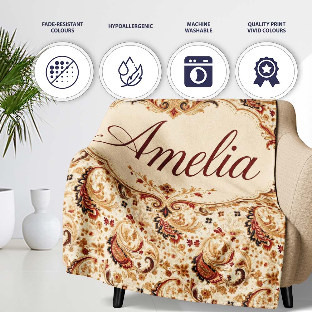 Classic Red Gold Paisley Floral Vintage Seamless Pattern Name Cute Personalised Custom Name Super Soft Fleece Blanket Bed Sofa Throw