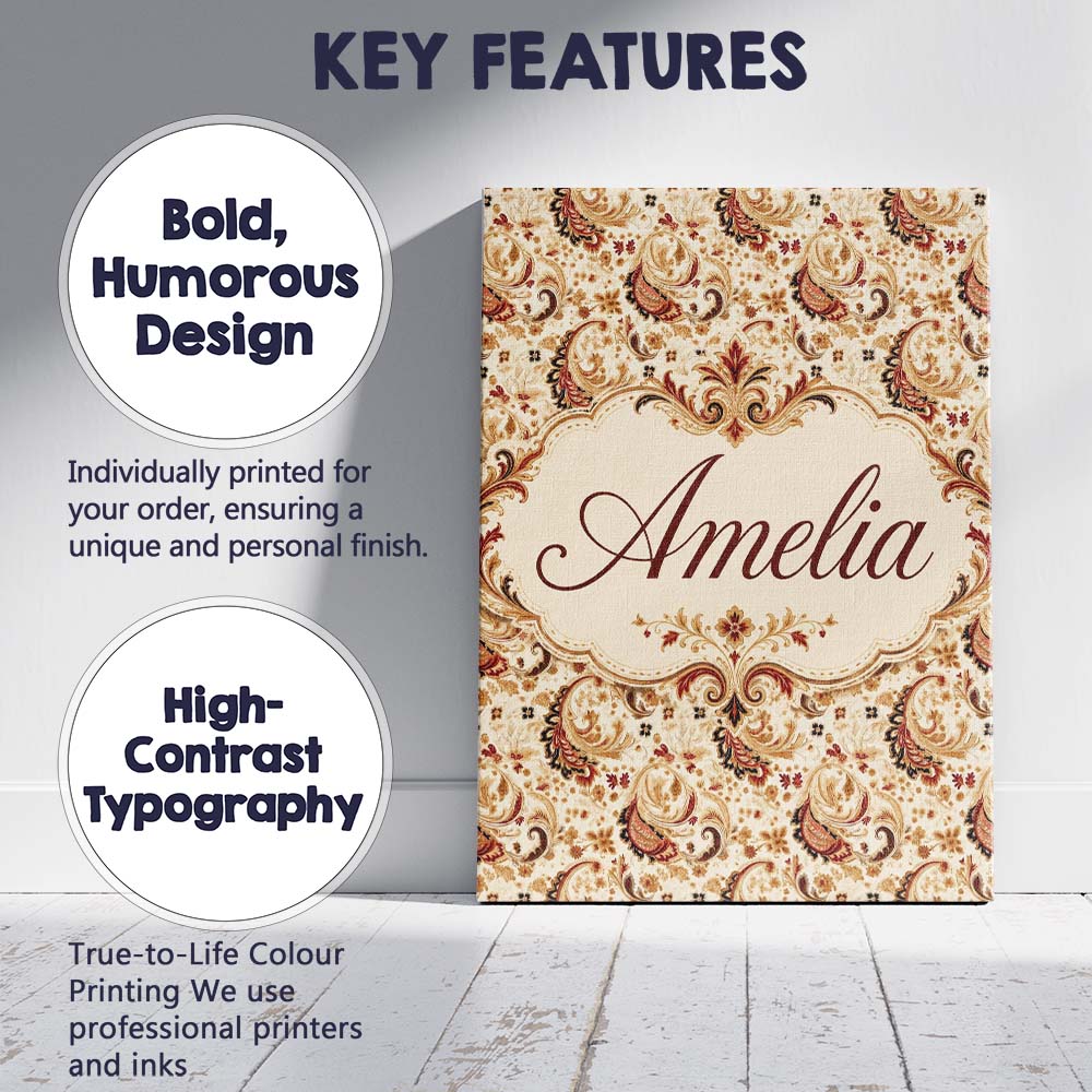 Personalised Name Classic Red Gold Paisley Custom Unique Gift Idea Elegant Feature Canvas Wall Art Print Decor Picture Ready to Hang