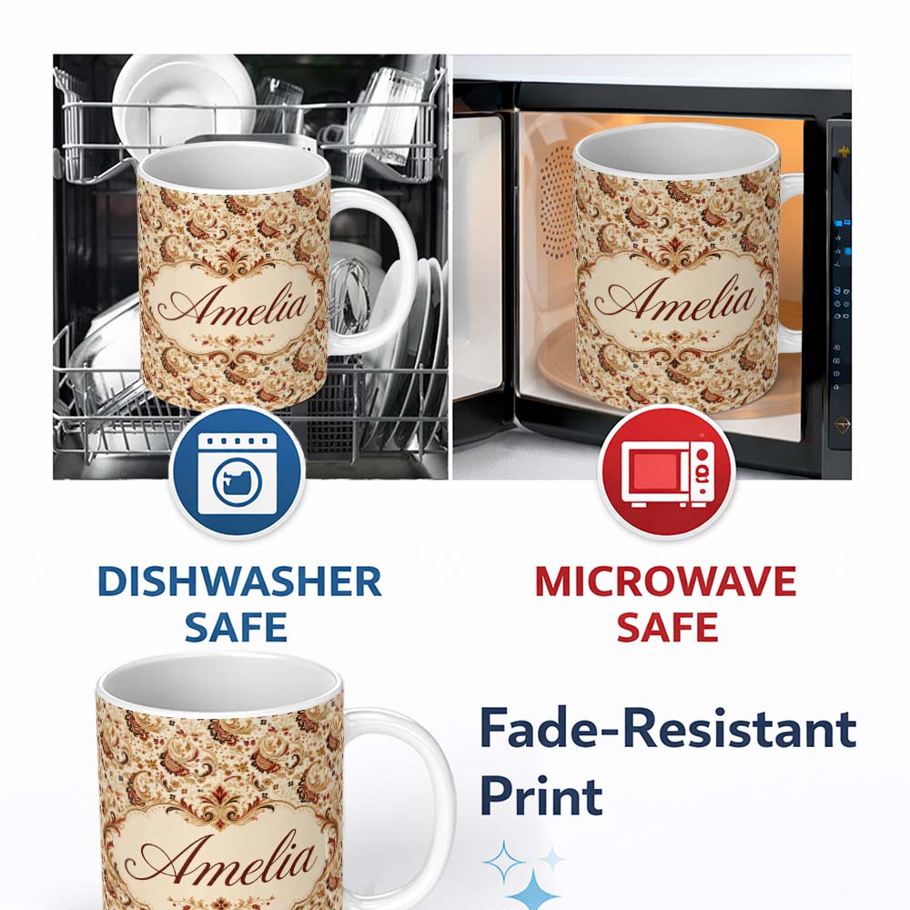Personalized Custom Name Classic Red Gold Paisley Floral Vintage Seamless Pattern Name Cute 11oz Ceramic Coffee Tea Mug White Large Handle