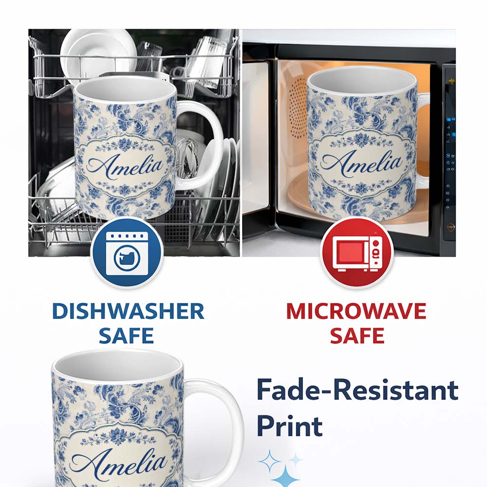 Personalized Custom Name Soft Blue Vintage Floral Paisley Seamless Pattern Name Cute Unique 11oz Ceramic Coffee Tea Mug White Large Handle