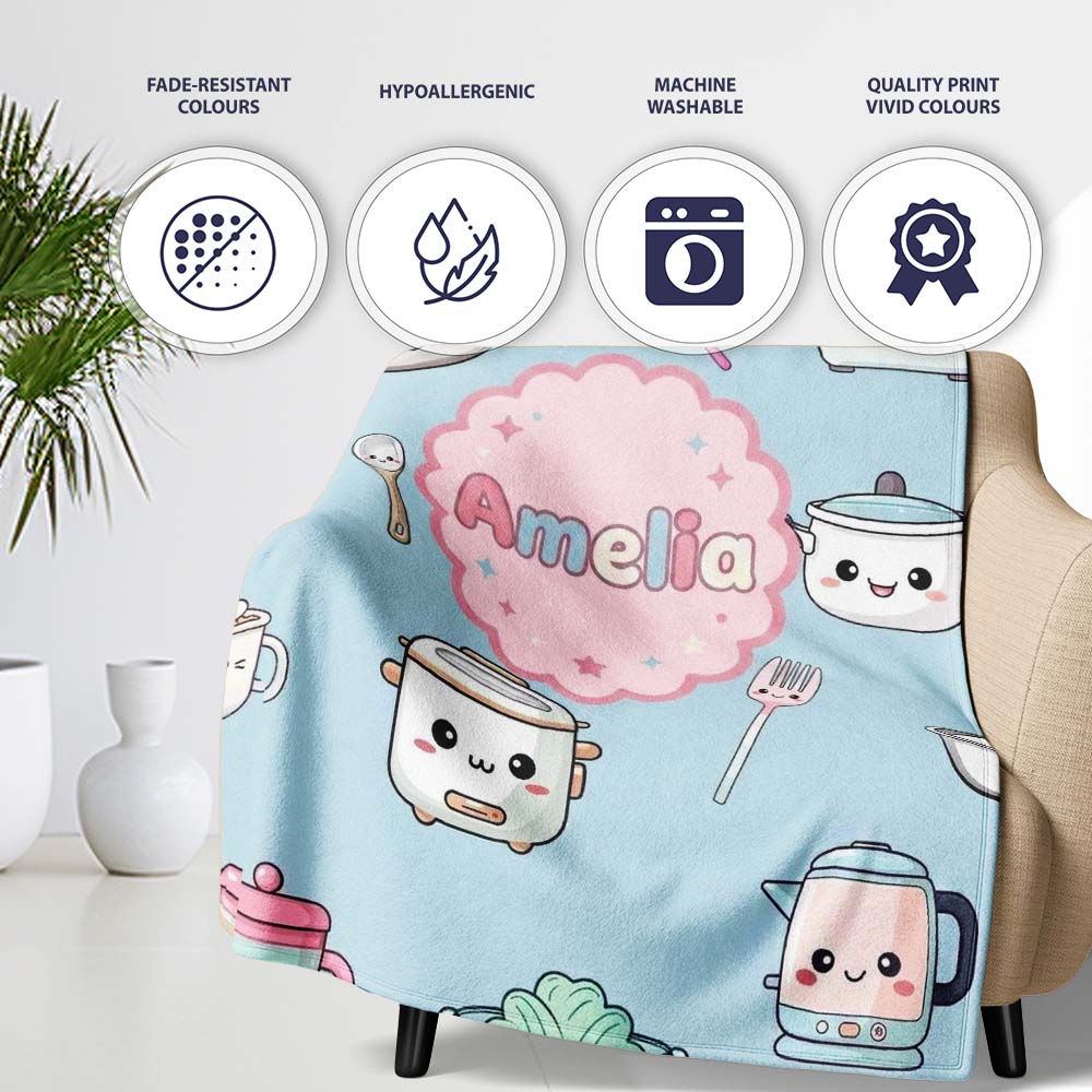 Cute Kawaii Utensils Chef Girl Seamless Pattern Name Unique Personalised Custom Name Super Soft Fleece Blanket Bed Sofa Throw