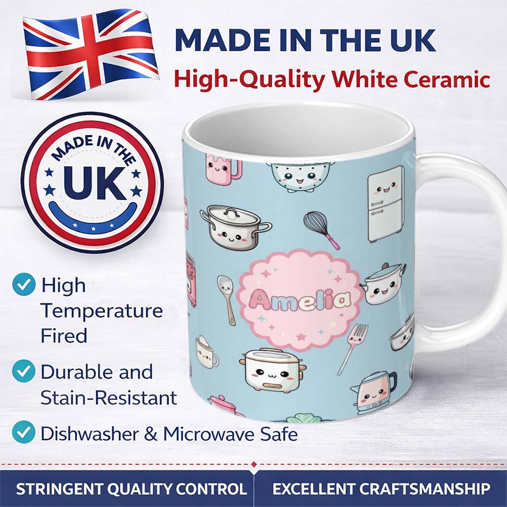 Personalized Custom Name Cute Kawaii Kitchen Utensils Chef Girl Seamless Pattern Name Unique 11oz Ceramic Coffee Tea Mug White Large Handle