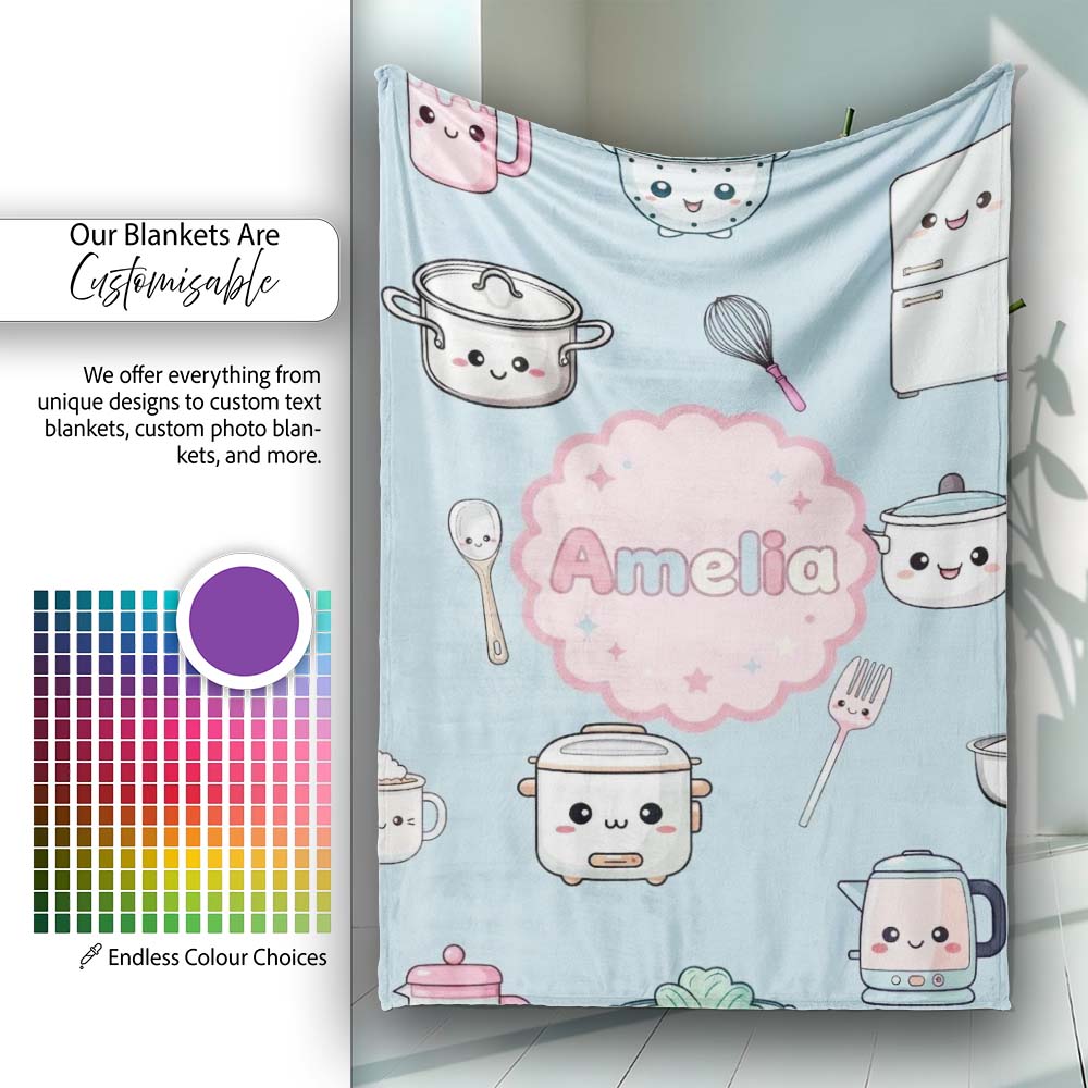 Cute Kawaii Utensils Chef Girl Seamless Pattern Name Unique Personalised Custom Name Super Soft Fleece Blanket Bed Sofa Throw