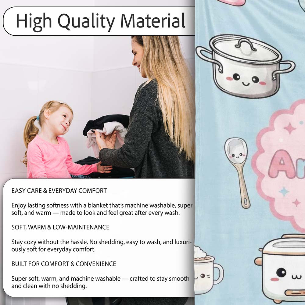 Cute Kawaii Utensils Chef Girl Seamless Pattern Name Unique Personalised Custom Name Super Soft Fleece Blanket Bed Sofa Throw