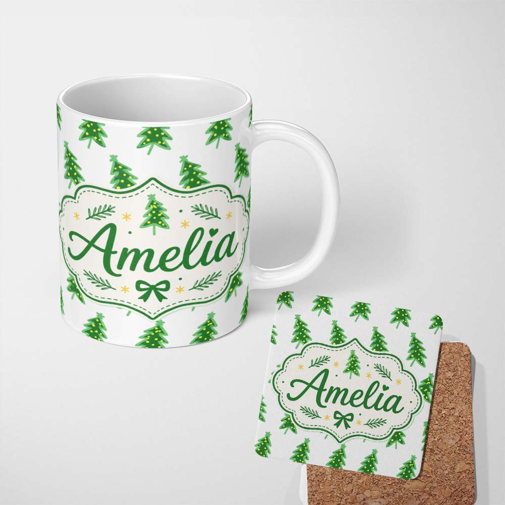 Personalized Custom Name Minimal Christmas Trees with Yellow Lights Simple Cute Seamless 11oz Ceramic Coffee Tea Mug White Large Handle