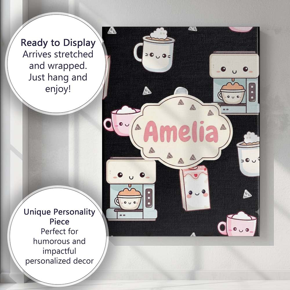 Personalised Name Cute Kawaii Coffee Custom Premium Decorative Design Modern Room Accent Canvas Wall Art Print Decor Picture Ready to Hang