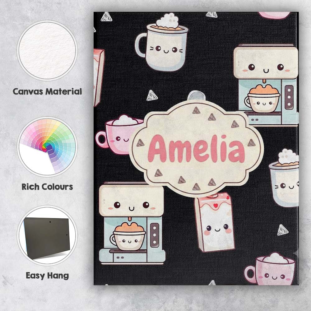 Personalised Name Cute Kawaii Coffee Custom Premium Decorative Design Modern Room Accent Canvas Wall Art Print Decor Picture Ready to Hang