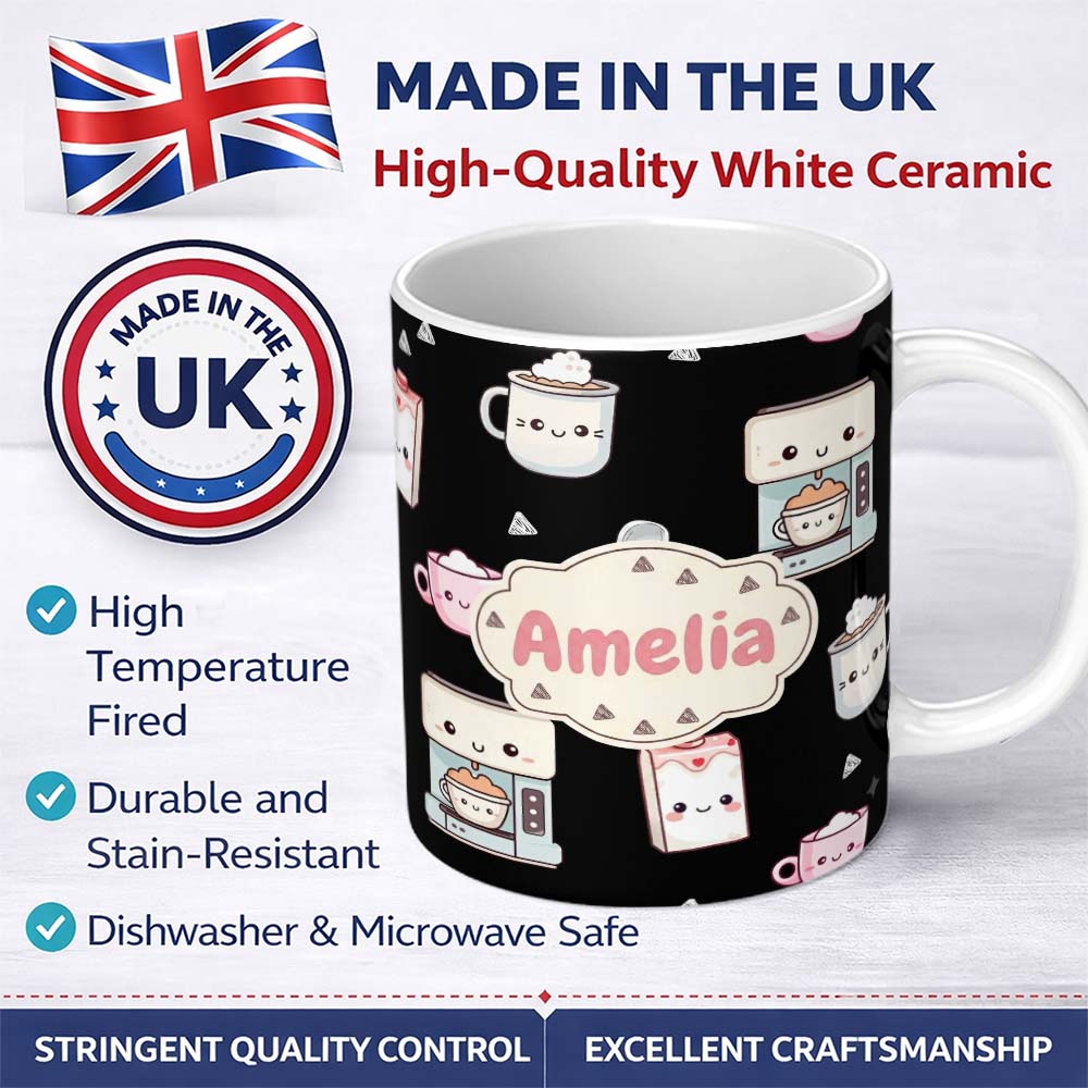 Personalized Custom Name Cute Kawaii Coffee Kitchen Appliances Seamless Pattern Name Unique 11oz Ceramic Coffee Tea Mug White Large Handle