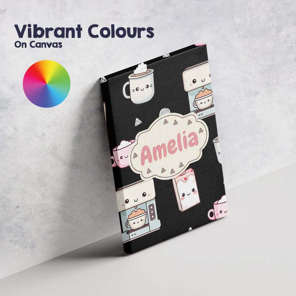 Personalised Name Cute Kawaii Coffee Custom Premium Decorative Design Modern Room Accent Canvas Wall Art Print Decor Picture Ready to Hang