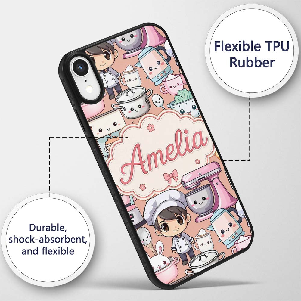 Cute Kawaii Baking Girl Utensils Seamless Pattern Custom Name Protective Phone Case Mobile Cover Durable Everyday Smartphone Shock Resistant