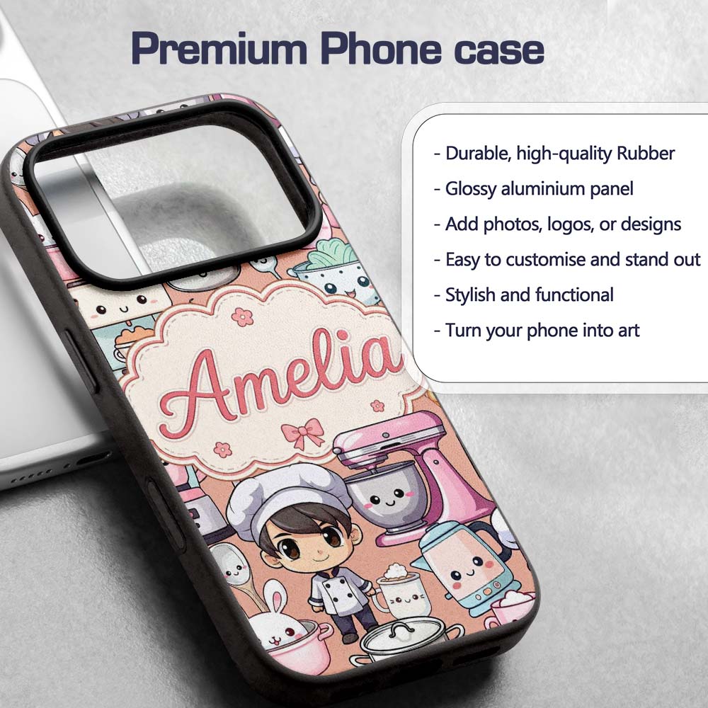 Cute Kawaii Baking Girl Utensils Seamless Pattern Custom Name Protective Phone Case Mobile Cover Durable Everyday Smartphone Shock Resistant
