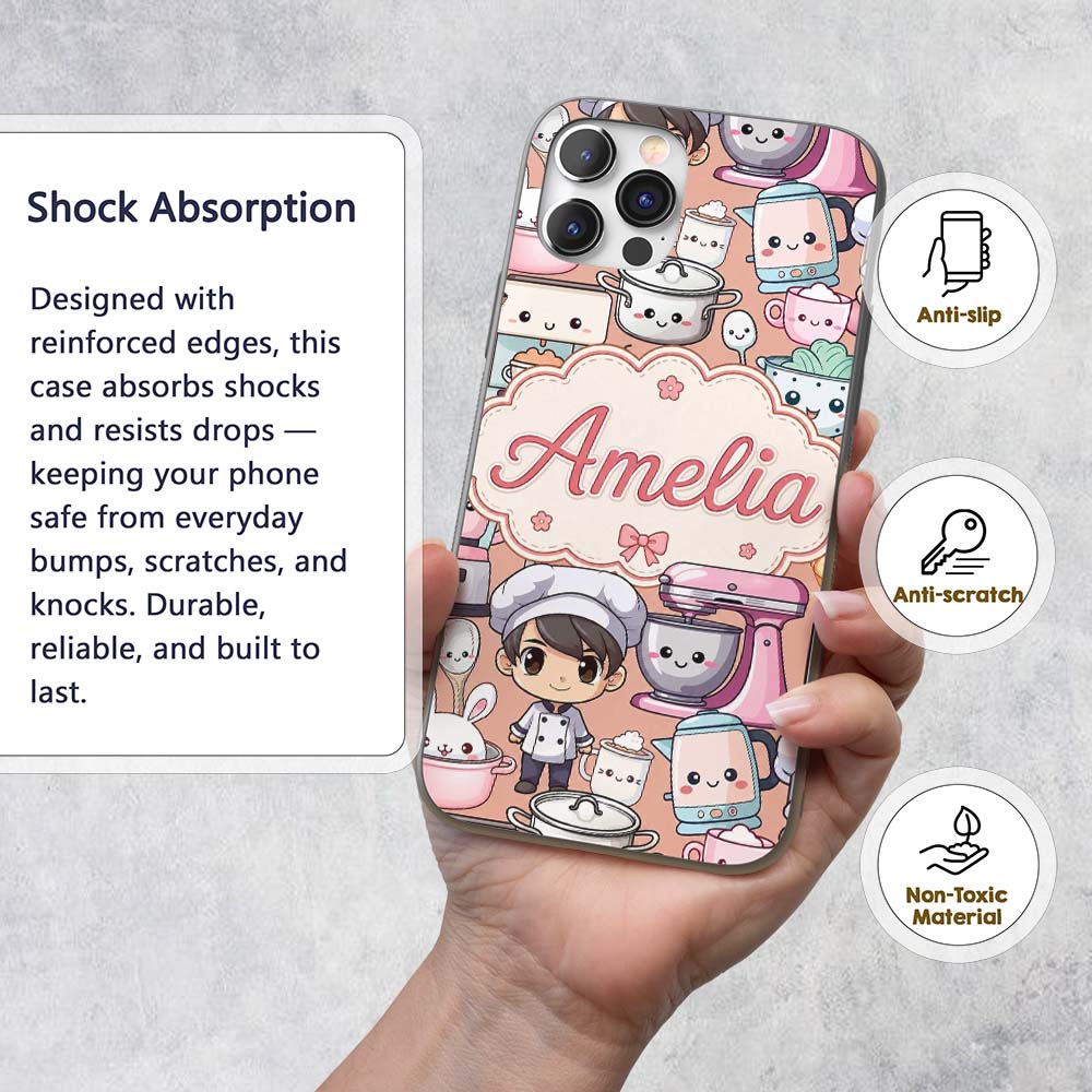 Cute Kawaii Baking Girl Utensils Seamless Pattern Custom Name Protective Phone Case Mobile Cover Durable Everyday Smartphone Shock Resistant