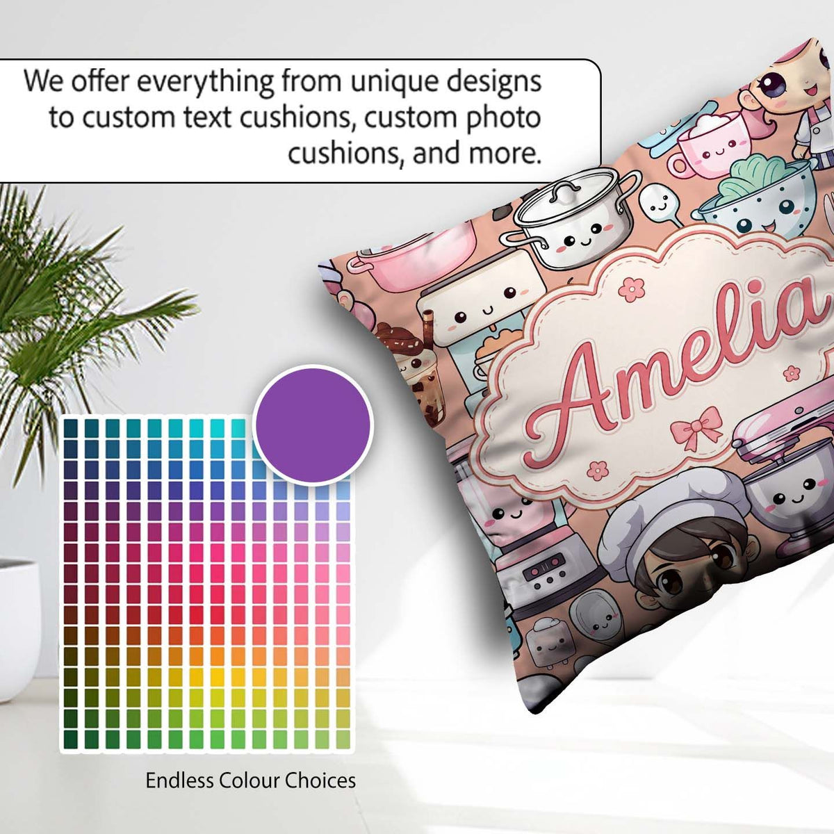 Custom Name Kawaii Baking Girl Utensils Seamless Pattern Name Square Filled Cushion Throw Pillow Sofa Bed Home Decor Zip Washable UK Made