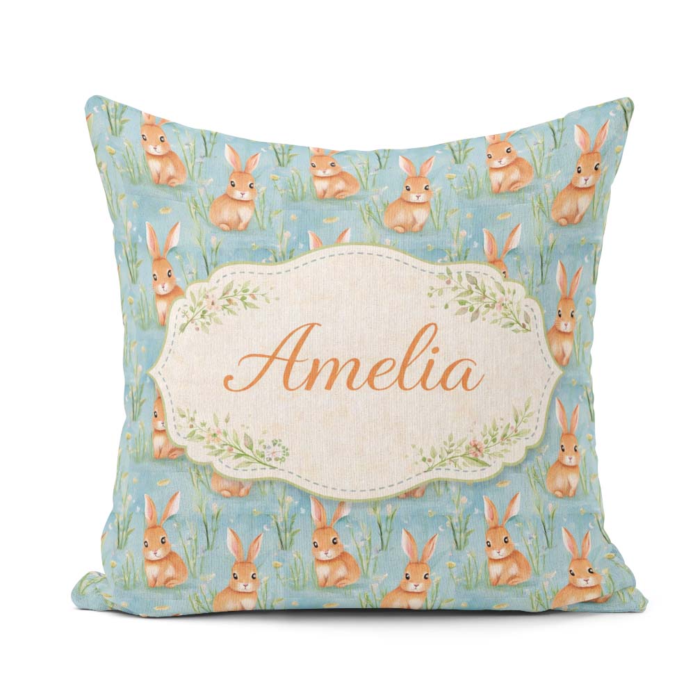 Custom Name Soft Bunny Meadow Light Blue Seamless Pattern Lovely Square Filled Cushion Throw Pillow Sofa Bed Home Decor Zip Washable UK Made