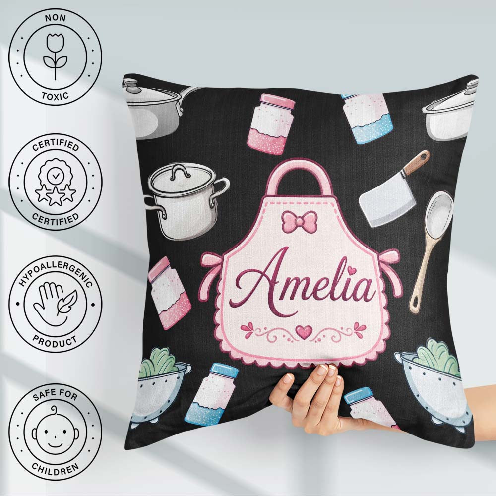 Custom Name Cute Minimal Utensils Apron Cooking Seamless Pattern Square Filled Cushion Throw Pillow Sofa Bed Home Decor Zip Washable UK Made