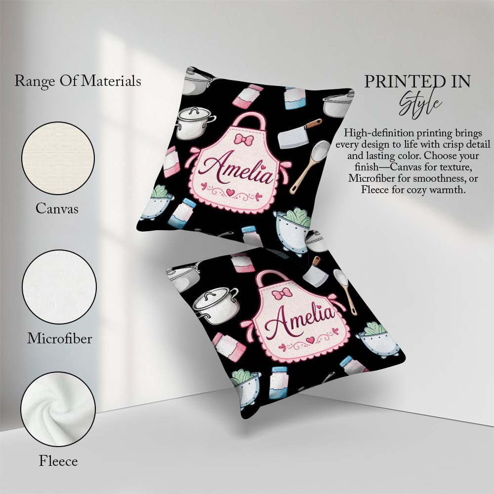 Custom Name Cute Minimal Utensils Apron Cooking Seamless Pattern Square Filled Cushion Throw Pillow Sofa Bed Home Decor Zip Washable UK Made