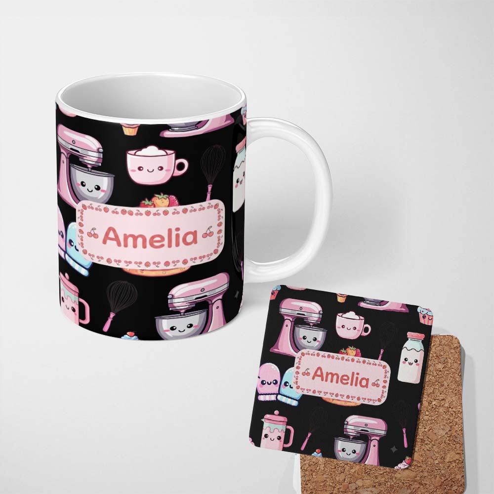 Personalized Custom Name Cute Kawaii Cake Mixer Baking Tools Seamless Pattern Name Unique 11oz Ceramic Coffee Tea Mug White Large Handle