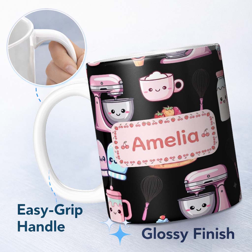 Personalized Custom Name Cute Kawaii Cake Mixer Baking Tools Seamless Pattern Name Unique 11oz Ceramic Coffee Tea Mug White Large Handle