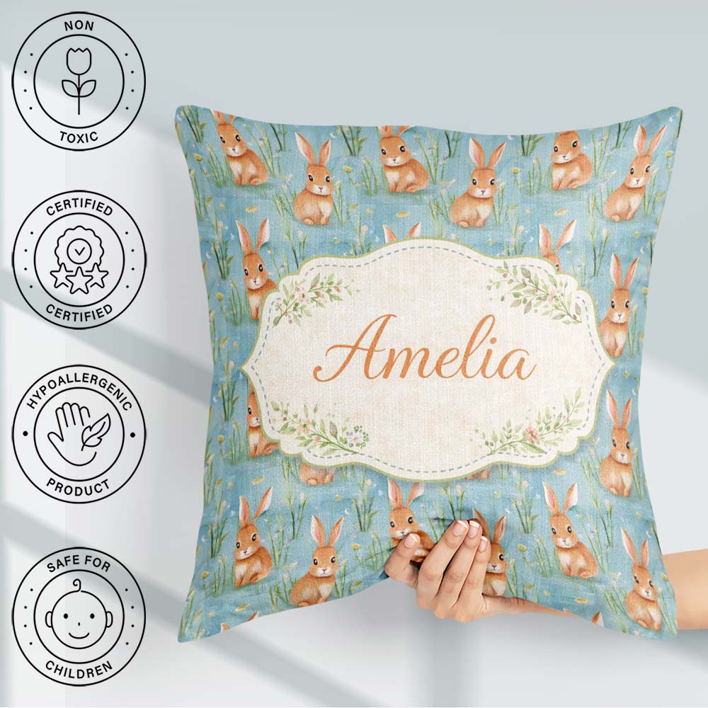 Custom Name Soft Bunny Meadow Light Blue Seamless Pattern Lovely Square Filled Cushion Throw Pillow Sofa Bed Home Decor Zip Washable UK Made