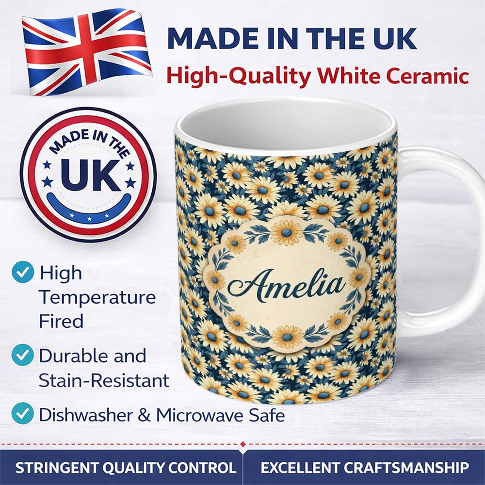 Personalized Custom Name Navy Blue Background Yellow Daisy Floral Seamless Pattern Lovely 11oz Ceramic Coffee Tea Mug White Large Handle