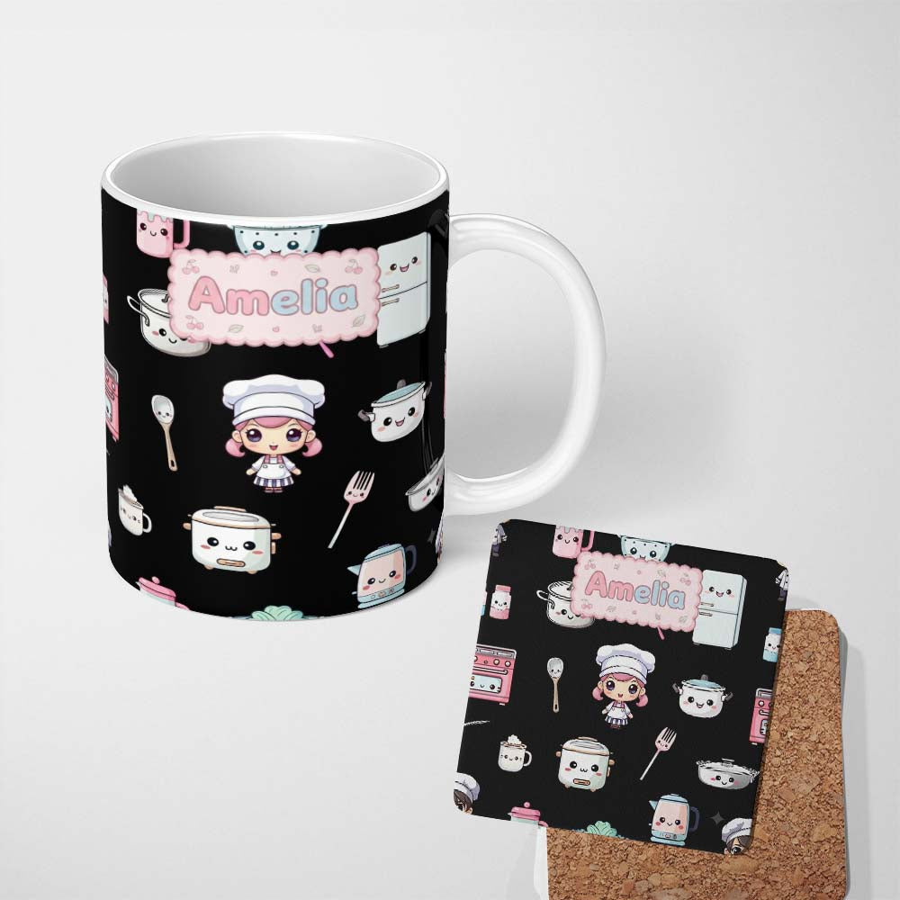 Personalized Custom Name Cute Kawaii Chef Girl Kitchen Appliances Seamless Pattern Name 11oz Ceramic Coffee Tea Mug White Large Handle