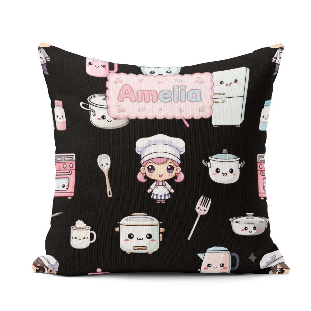 Custom Name Kawaii Chef Girl Appliances Seamless Pattern Name Square Filled Cushion Throw Pillow Sofa Bed Home Decor Zip Washable UK Made