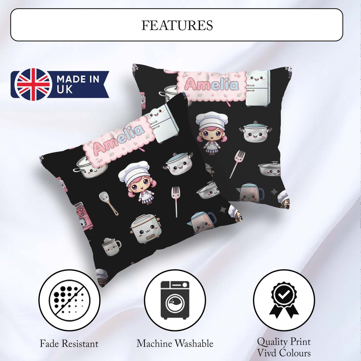 Custom Name Kawaii Chef Girl Appliances Seamless Pattern Name Square Filled Cushion Throw Pillow Sofa Bed Home Decor Zip Washable UK Made