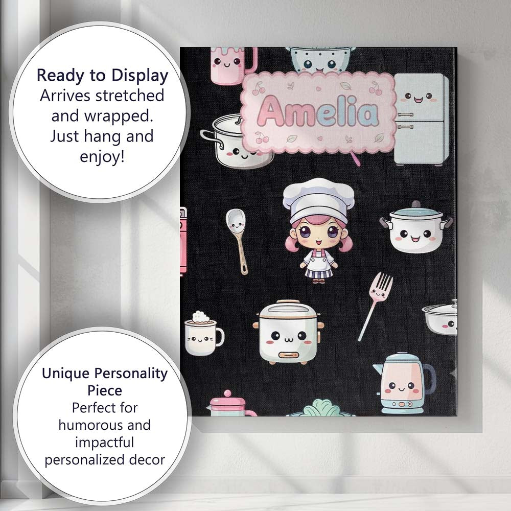Personalised Name Cute Kawaii Chef Girl Custom Modern Room Accent Elegant Feature Canvas Wall Art Print Decor Picture Ready to Hang