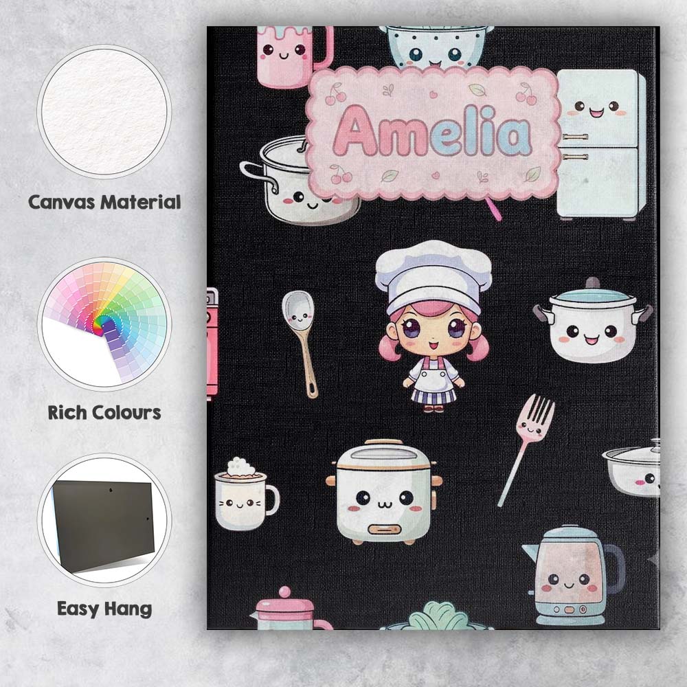 Personalised Name Cute Kawaii Chef Girl Custom Modern Room Accent Elegant Feature Canvas Wall Art Print Decor Picture Ready to Hang
