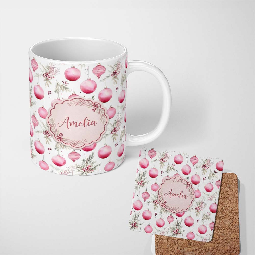 Personalized Custom Name Watercolor Pink Christmas Baubles Pine Leaves Seamless Pattern 11oz Ceramic Coffee Tea Mug White Large Handle