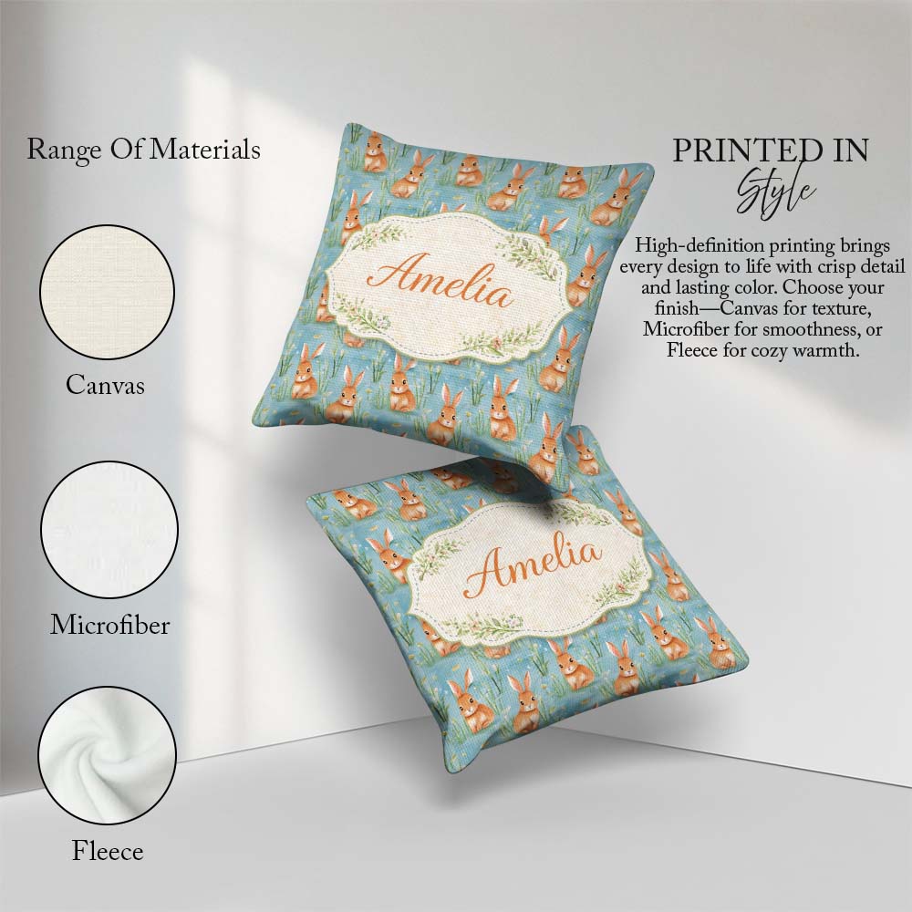 Custom Name Soft Bunny Meadow Light Blue Seamless Pattern Lovely Square Filled Cushion Throw Pillow Sofa Bed Home Decor Zip Washable UK Made